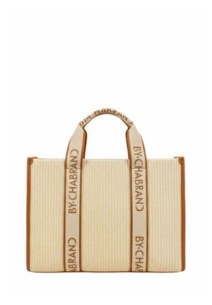 Sac fourre-tout rectangulaire beige tissé avec bordure et anses marron comportant le texte "BY CHABRAND" en marron sur les anses.