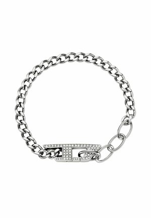 Zilveren schakelarmband met grote schakels, een decoratieve sluiting met een met rhinestones bezette oppervlakte en een open ronde bevestiging.