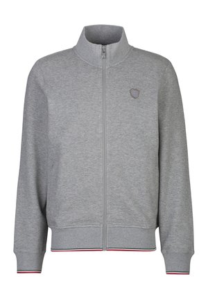 Lichtgrijze jas met ritssluiting, hoge kraag, geribbelde manchetten en zoom met dunne rode en groene strepen, en een klein schildembleem op de linkerborst.