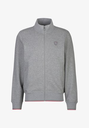 Lichtgrijze jas met ritssluiting, hoge kraag, geribbelde manchetten en zoom met dunne rode en groene strepen, en een klein schildembleem op de linkerborst.