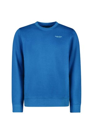 Heldere blauwe sweatshirt met een geribbelde ronde halslijn en lange mouwen, voorzien van een klein "Denim Dept." logo aan de voorkant.