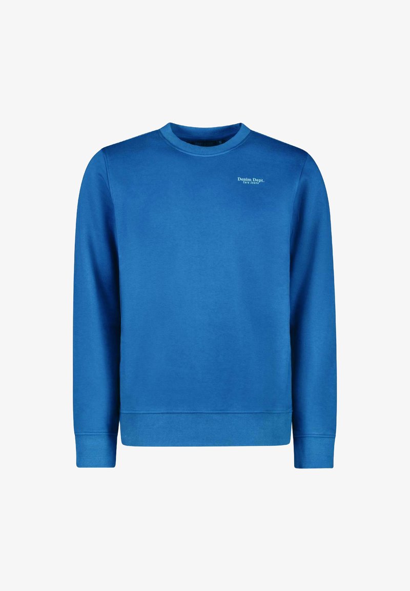 Heldere blauwe sweatshirt met een geribbelde ronde halslijn en lange mouwen, voorzien van een klein "Denim Dept." logo aan de voorkant.