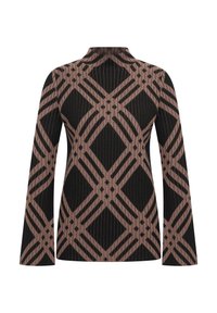 Maglietta a maniche lunghe nera con un motivo geometrico rosa che presenta diamanti e strisce; il tessuto ha una consistenza a coste e un design con colletto alto.