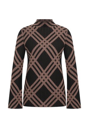 Maglietta a maniche lunghe nera con un motivo geometrico rosa che presenta diamanti e strisce; il tessuto ha una consistenza a coste e un design con colletto alto.