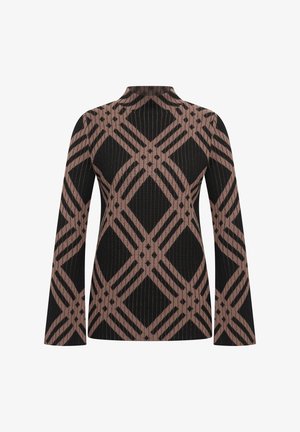 Langarmshirt in Schwarz mit einem pinkfarbenen geometrischen Muster, das Rauten und Streifen zeigt; der Stoff hat eine gerippte Textur und ein hochgeschlossenes Design.