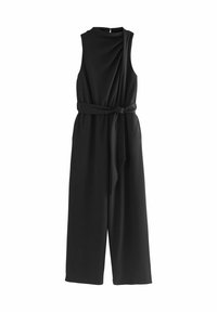 Sorte jumpsuit uden ærmer med brede ben, falsk hals, lynlås i siden og stofbælte bundet i taljen.