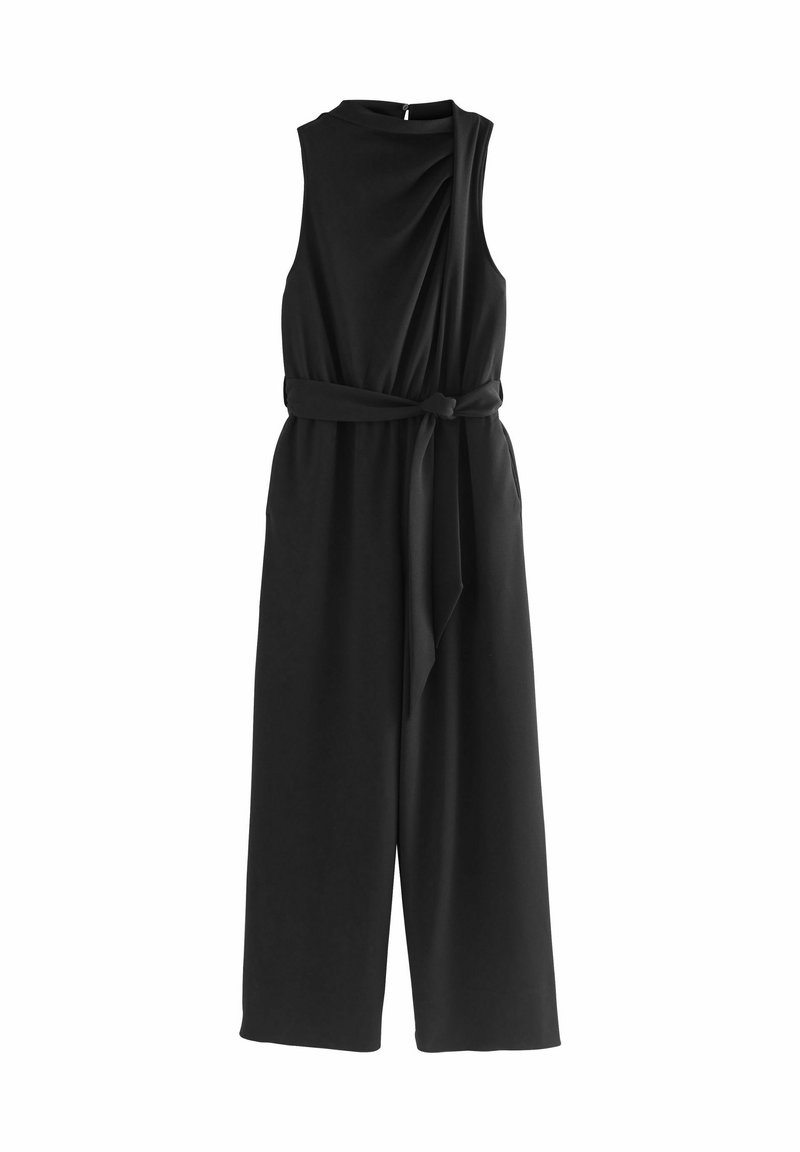 Sorte jumpsuit uden ærmer med brede ben, falsk hals, lynlås i siden og stofbælte bundet i taljen.