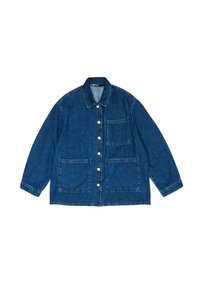Giacca di jeans realizzata in denim blu di peso medio. Presenta una chiusura con bottoni sul davanti, un colletto a punta, due grandi tasche frontali e maniche lunghe.