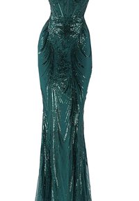 Smaragdgrünes, bodenlanges Kleid mit aufwendigen Paillettenmustern und taillierter Silhouette.