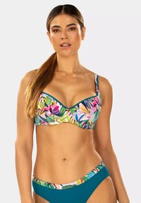 Zestaw bikini z kwiecistym topem z regulowanymi ramiączkami oraz jednolitym dołem w kolorze turkusowym. Wykonany z gładkiego, elastycznego materiału.