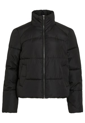 Veste matelassée noire avec un col montant, fermeture éclair, texture matelassée et poches latérales. Caractérisée par une coupe courte et un tissu léger.