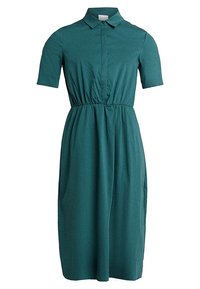 Abito midi corto teal con maniche corte, colletto, chiusura frontale con bottoni e vita elastica per un effetto arricciato.