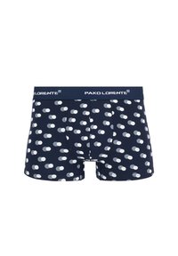 Granatowe bokserki w białe i jasnoniebieskie kropki, elastyczny pas z napisem "PAKO LORENTE", miękka tkanina, dopasowany krój.