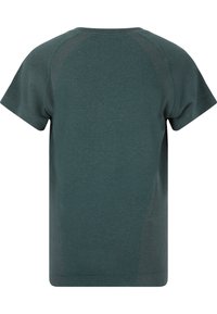 Dunkelgrünes T-Shirt mit kurzen Ärmeln, das über eine glatte Textur, Raglanärmel mit dezenten Rippenakzenten und einen geraden Saum verfügt.