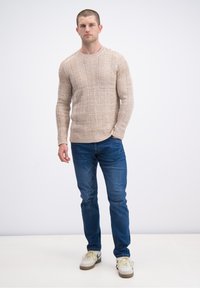 Beiger gestrickter Pullover mit strukturierten geometrischen Mustern, kombiniert mit blauen Jeans und weißen Turnschuhen. Das Modell steht vor einem neutralen Hintergrund.