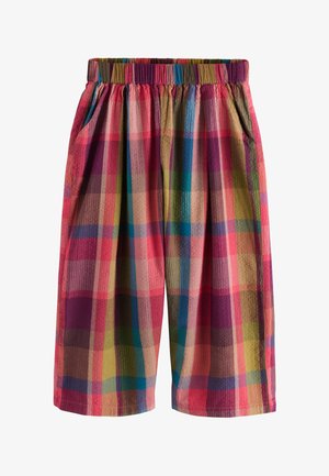 Short ample avec grand motif à carreaux multicolores, taille élastique et poches latérales, en tissu texturé.