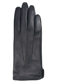 Guanto in pelle nera con cinque dita, caratterizzato da cuciture decorative e una texture liscia. Design con polsino aperto per un'indossatura facile.