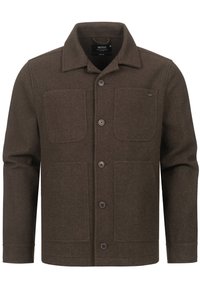Chaqueta de lana marrón con cierre de botones, dos bolsillos en el pecho y cuello puntiagudo. Presenta un acabado texturizado y mangas largas.