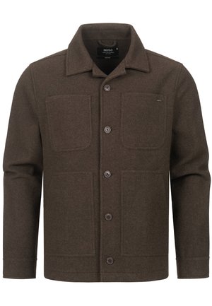Brown wool jacket with a button front, two chest pockets, and a pointed collar. Features a textured finish and long sleeves.