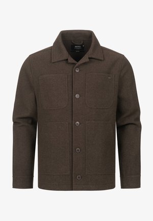 Veste en laine marron avec un devant à boutons, deux poches poitrine et un col pointu. Présente une finition texturée et des manches longues.