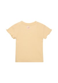 Yellow ribbed t-shirt with short ruffled sleeves and a round neckline. Features a small tag at the center back.