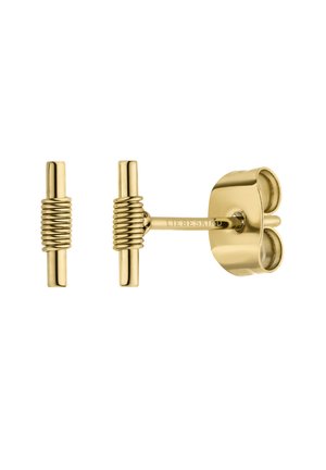 Ohrstecker in Goldoptik mit zylindrischem Design und Spiraldetails, flacher Rückseite und gebogener Verschluss, die eine glatte, glänzende Textur zeigen.