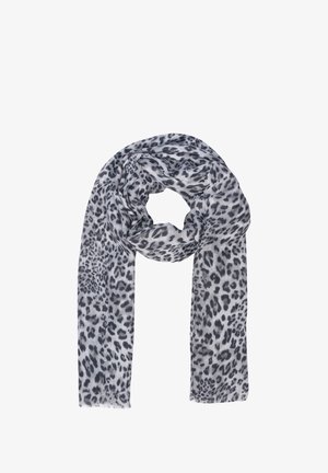 Écharpe légère grise avec un motif léopard noir. Elle possède une texture douce, une forme rectangulaire allongée et des bords effilochés.