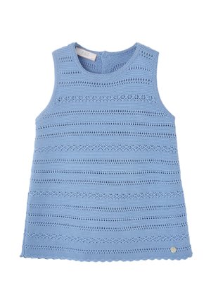 Haut sans manches bleu clair en maille avec des rayures horizontales en dentelle et unies, encolure ronde et une petite étiquette métallique ronde près de l'ourlet.