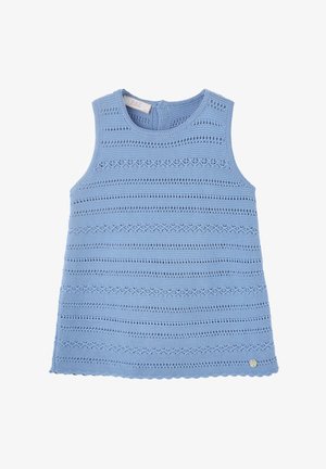 Haut sans manches bleu clair en maille avec des rayures horizontales en dentelle et unies, encolure ronde et une petite étiquette métallique ronde près de l'ourlet.