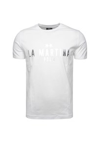 Vit bomull t-shirt med korta ärmar, med texten "LA MARTINA POLLO" i silver på framsidan, rund halsringning och en mjuk textur.