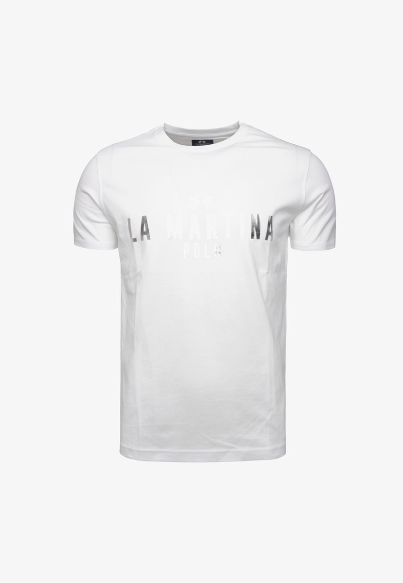 Vit bomull t-shirt med korta ärmar, med texten "LA MARTINA POLLO" i silver på framsidan, rund halsringning och en mjuk textur.