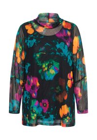 Průhledný černý top s dlouhým rukávem a vysokým límcem, zdobený živými vícebarevnými květinovými vzory v oranžové, růžové, zelené a modré barvě.