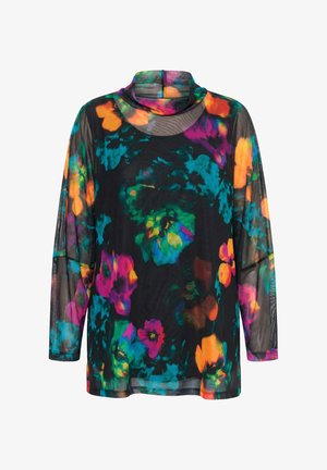 Zwarte doorzichtige top met lange mouwen en een hoge hals, voorzien van levendige, meerkleurige bloemmotieven in oranje, roze, groen en blauw.