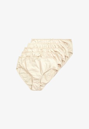 Set aus fünf beigen Baumwollslips mit glatter Textur, einfachem Design, elastischem Bund und kleinen Schleifen an der Vorderseite.