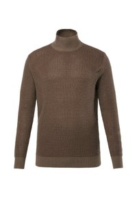 Brauner Strickpullover mit strukturiertem Muster, hohem Kragen, langen Ärmeln und gerippten Bündchen. Hergestellt aus einem weichen Stoff, mit einem Logo am Saum.