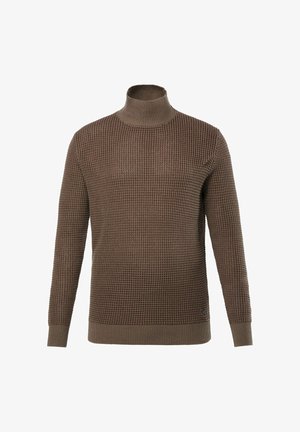 Maglione a maglia marrone con un motivo testurizzato, colletto alto, maniche lunghe e polsini a coste. Realizzato in un tessuto morbido, presenta un logo sull'orlo.