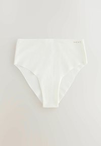 Culotte blanche en coton avec taille haute, texture lisse et design minimaliste. Présente le logo subtil 'NEXT' dans une couleur pastel sur le côté.