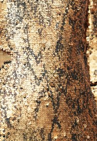 Tecido de lantejoulas douradas e pretas com formas circulares sobrepostas, criando uma superfície texturada e cintilante. Os padrões variam em densidade e cor.