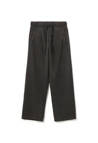 Schwarze, weit geschnittene Hose aus weichem Material. Mit elastischem Bund und Kordelzug, zwei seitlichen Taschen und sauberen Nähten.