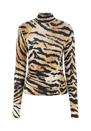 Haut à col roulé à manches longues imprimé tigre avec des rayures noires, beiges et marron clair, légèrement froncé à la taille.