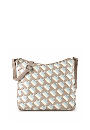 Borsa a tracolla con cinturino regolabile caratterizzata da un motivo intrecciato di strisce rettangolari beige, azzurro chiaro e bianco sporco su sfondo bianco.