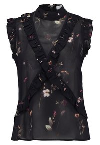 Black sheer blouse featuring floral patterns, ruffled accents along the neckline and sleeves, and a high collar with a back zipper closure.