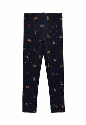 Donkerblauwe leggings met kleine witte polkadotjes en paardrijthema-afbeeldingen, waaronder paarden, laarzen, hoeden en ruitersportuitrusting.