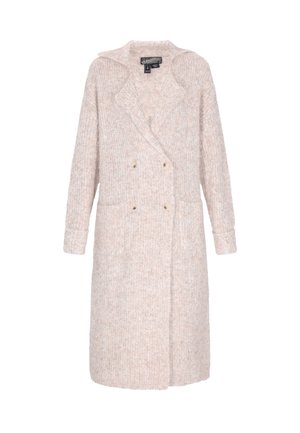 Palton lung bej din lână, cu două rânduri de nasturi, rever larg, două buzunare frontale, închidere cu nasturi și mâneci lungi.