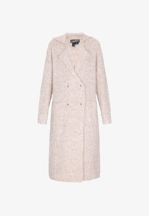 Pikk beež kahekordse riidega villane mantel laia kraega, kahe esi-taskuga, nupuväljadega ja pikkade varrukatega.