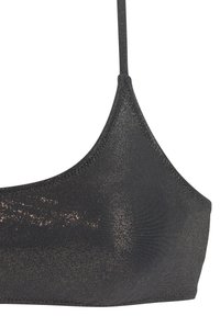 Zwarte metallic bh met een gladde textuur, driehoekige cups en dunne bandjes. Heeft een subtiele glans en nette stikdetails.