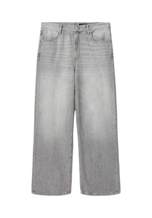 Lysegrå jeans med vid ben, forlommer, bæltestropper og lukning med knap og lynlås.