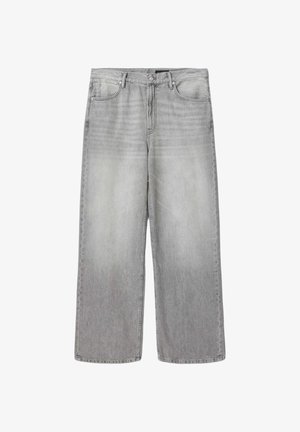 Lichtgrijze wijde jeans met steekzakken aan de voorkant, riemlussen en een sluiting met knoop en rits.