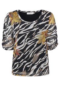 Blusa a maniche corte, semi-trasparente, con stampa zebra nera, bianca e marrone, caratterizzata da accenti floreali in tonalità gialla e arancione.