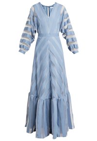 Blå lång klänning med puffärmar och v-ringning. Har vertikala randiga mönster, en cinchad midja och en volangkjol.
